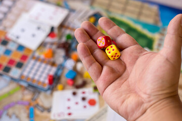 Board games, coins, bills, dice and cards