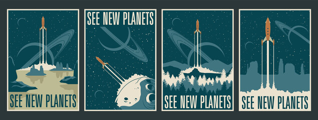 Retro Futurism Space Posters, Space Journes, Tourism, Alien Planets Landscapes, Mid Century Modern Style Rockets