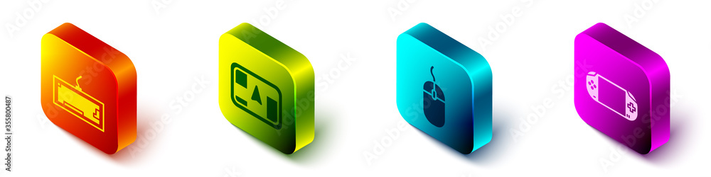 Poster Set Isometric Keyboard, Gps device with map, Computer mouse and Portable video game console icon. Vector