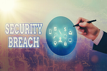 Text sign showing Security Breach. Business photo text unauthorized access of data gained by a...