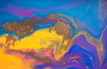 Blue and yellow marble pattern with golden glitter. Artwork abstract texture.