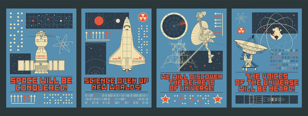Retro Astronautics Propaganda Poster Stylization, Spacecraft, Satellite, Telescope, Space Rocket
