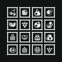 Fruits pixel art black and white icons set, berry, cherry, apple, pear, lemon, orange, banana, pineapple, grape and strawberry. Design for logo, sticker and mobile app. Isolated vector illustration.