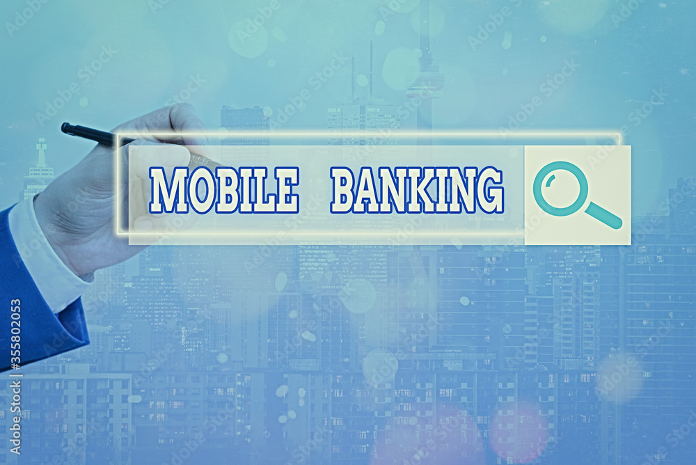 Aufkleber text sign showing mobile banking. business photo showcasing to create financial transactions with th