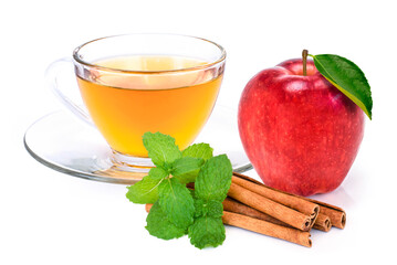 Closeup cup glass of apple cider tea , fresh ripe red washington apple fruit and cinnamon stick with mint green leaf isolated on white background. 