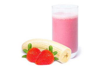 Fresh organic strawberry and banana with glass of smoothies milkshake isolated on white background.