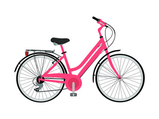 Female pink bicycle vector illustration isolated on white background. Lady bike symbol. Retro vehicle. Electric bike for urban riding. Street delivery service.