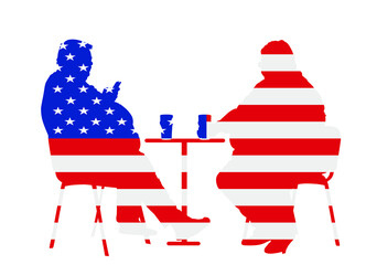United States of America flag over fat friends sitting and drinking beer in pub vector isolated. Big boys talking and enjoy in drink. Overweight person. Boy with mobile phone.