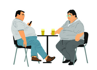 Fat friends sitting and drinking beer in pub vector isolated. Big boys talking and enjoy in drink. Overweight person trouble with food calorie. Breathless sweaty man need break. Boy with mobile phone