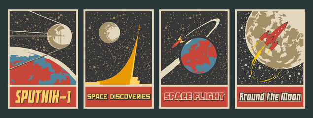Old Soviet Space Propaganda Posters Stylization, Retro Space Rockets, Moon, Earth, Space Flights - obrazy, fototapety, plakaty