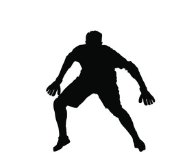 Fototapeta na wymiar Soccer goalkeeper vector silhouette illustration. Football goal keeper net isolated on white background. Defender sportsman position. Save penalty. Active sport boy. Man on goal