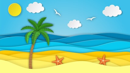 Fototapeta na wymiar Sea landscape with beach, waves,palm clouds. Paper cut out digital craft style. abstract blue sea and beach summer background with paper waves and seacoast. Vector illustration
