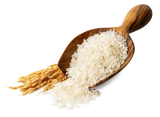 Fototapeta na wymiar rice in wooden scoop isolated