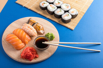 Composition with delicious nigiri sushi and rolls