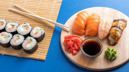 Composition with delicious nigiri sushi and rolls
