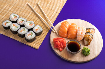 Composition with delicious nigiri sushi and rolls