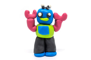 Play dough robot on white background. Handmade clay plasticine