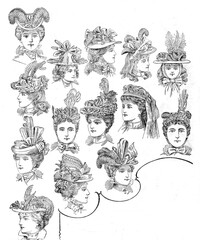 set of hand drawn illustrations woman in old hat - 355804449