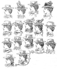 set of hand drawn illustrations woman in old hat