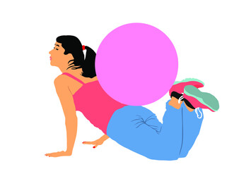 Young woman on the floor exercise in gym vector illustration. Fit lady with pilates ball. Losing weight concept. Fitness girl workout and doing push up. Health care active, worming up.