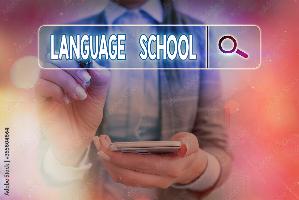 Poster writing note showing language school. business concept for educational institution focusing on forei