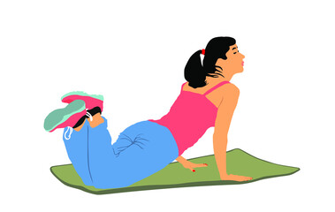Young woman on the floor exercise in gym vector illustration. Fit lady on pilates treatment. Losing weight concept. Fitness girl workout and doing push up. Health care active, worming up.
