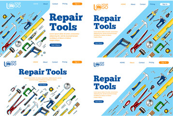 Repair tools landing pages set. Construction hand tools sketches for carpentry, handyman service advertising. Craftsmanship and handwork cartoon layout. Artisan mechanic workshop vector illustration.