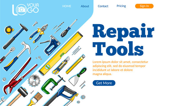 Repair tools landing page. Construction hand tools sketches for carpentry, handyman service advertising. Craftsmanship and handwork cartoon layout. Artisan mechanic workshop vector illustration.