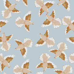 Seamless pattern made with flying pigeons. White, beige pigeons in motion - fly.