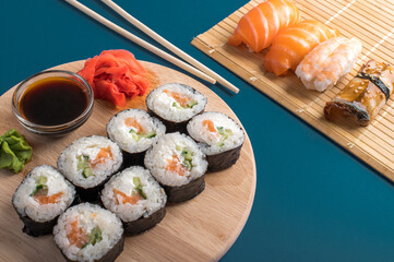 Composition with delicious nigiri sushi and rolls