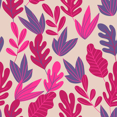 Fototapeta na wymiar Floral seamless pattern with colorful exotic leaves on light background. Tropic branches. Fashion vector stock illustration for wallpaper, poster, card, fabric, textile.