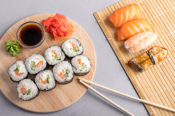 Composition with delicious nigiri sushi and rolls
