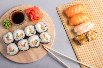 Composition with delicious nigiri sushi and rolls