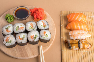 Composition with delicious nigiri sushi and rolls