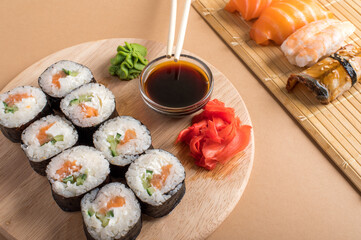 Composition with delicious nigiri sushi and rolls