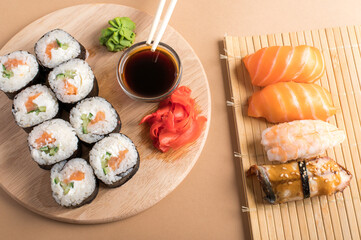 Composition with delicious nigiri sushi and rolls
