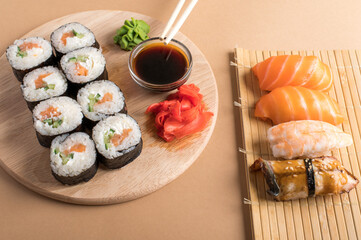 Composition with delicious nigiri sushi and rolls