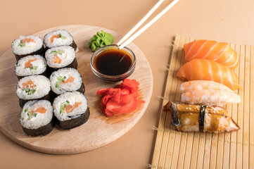 Composition with delicious nigiri sushi and rolls
