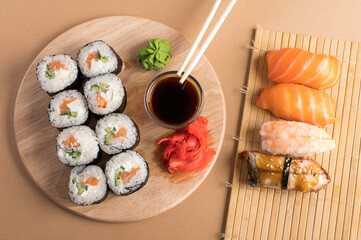 Composition with delicious nigiri sushi and rolls