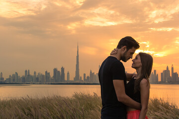 Two lovers on holiday embracing and about to kiss during a beautiful orange sunset sky against a the city view background. Romance, love, relationship, and travel feelings concept.