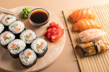 Composition with delicious nigiri sushi and rolls