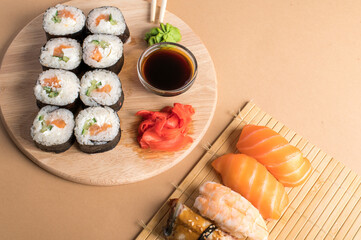 Composition with delicious nigiri sushi and rolls