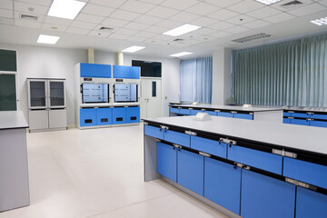 Laboratory fume hoods in science classroom interior of university college for protect the user from inhaling toxic gases (fume hoods, biosafety cabinets, glove boxes).