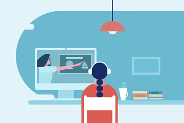 A girl, sitting in her study room at home, attends an online class room using computer and internet