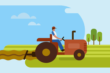 Illustration of a man plowing an agricultural field using tractor