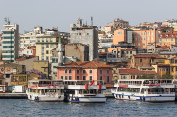 Istanbul, Turkey - a quarter within the borough of Beyoglu, often known as Karaköy, Galata is a main district in Istanbul. Here in particular the skyline, with the imposing Galata Tower