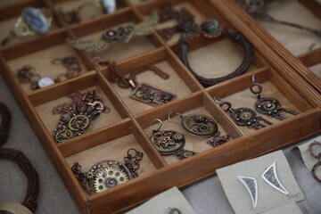 Handmade steampunk jewelry in a wooden box