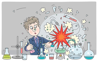 Schoolboy with a big scientific idea made an explosion during a dangerous experiment with chemical reagents and equipment at a chemistry lesson in a school class, vector cartoon illustration