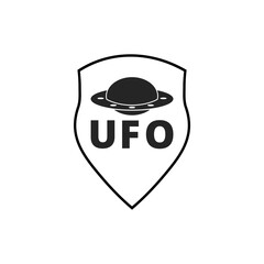 UFO and shield logo. Alien and guard logotype design template isolated on white background