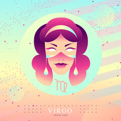 Modern magic witchcraft card with astrology Virgo zodiac sign. Woman head logo design